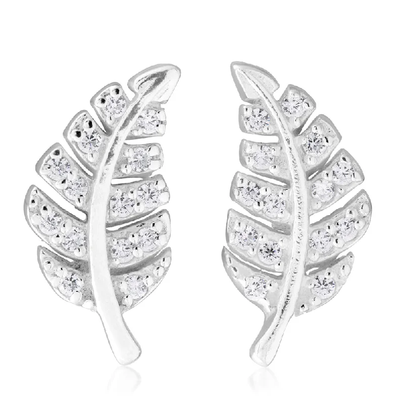 Stylish Drop Earrings for Evening Wear-Sterling Silver Zirconia Leaf Stud Earrings