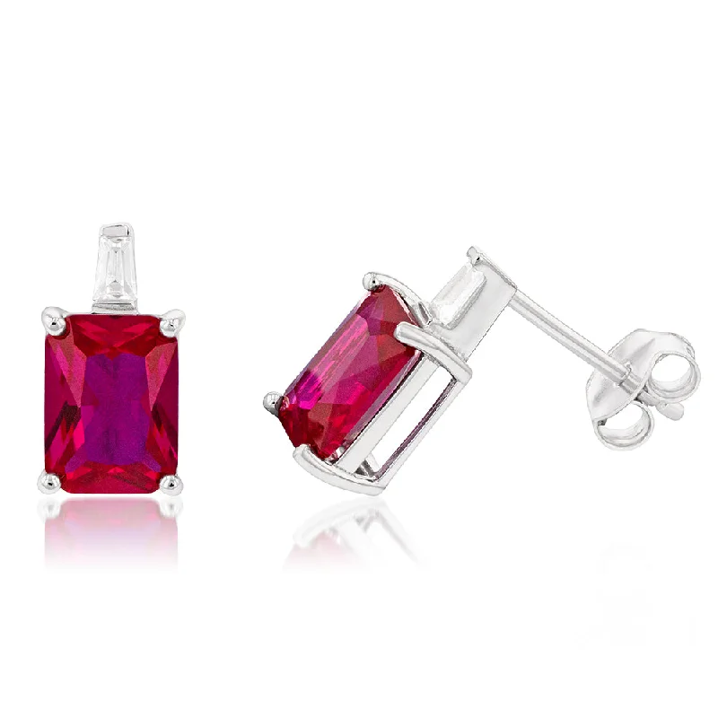 Simple Silver Earrings with Crystals-Sterling Silver Rhodium Plated Created Ruby And Cubic Zirconia Stud Earrings