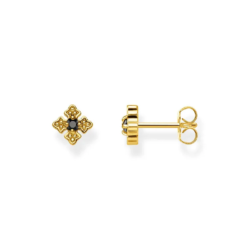 Stylish Gold Earrings for Women-Thomas Sabo Gold Plated Sterling Silver Rebel Black Cubic Zirconia Cross Earrings