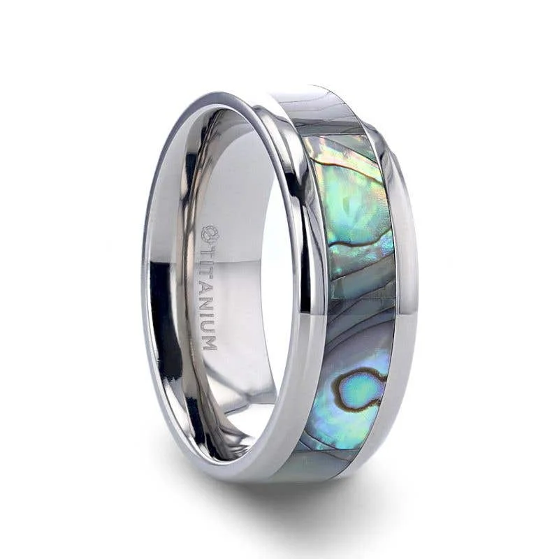 Custom Silver Ring for Couples with Birthstones-Thorsten KAUI Titanium Polished Finish Mother Of Pearl Inlaid Men’s Beveled Wedding Band - 6mm & 8mm