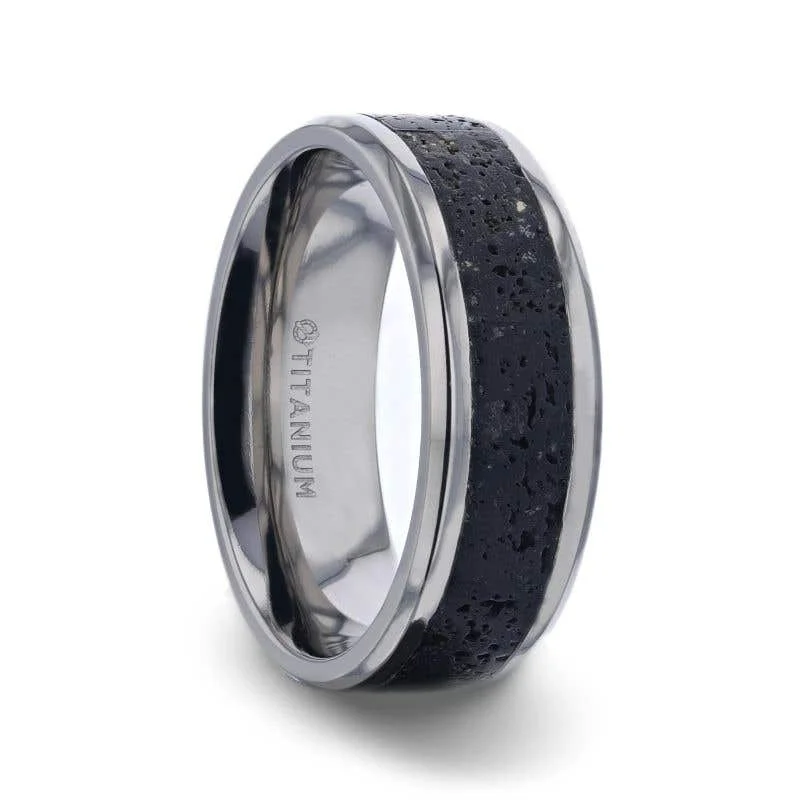 Customizable Birthstone Ring for Women-Thorsten MAUNA Black And Gray Lava Inlaid Titanium Men's Wedding Band With Polished Beveled Edges - 8mm