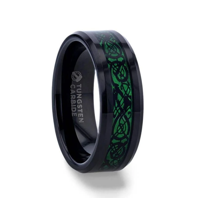 Personalized Silver Ring with Birthstone for Bridesmaids-Thorsten ALLURE Black Dragon Design With Green Background Inlaid Black Tungsten Men's Ring With Clear Coating And Beveled Edge - 8mm