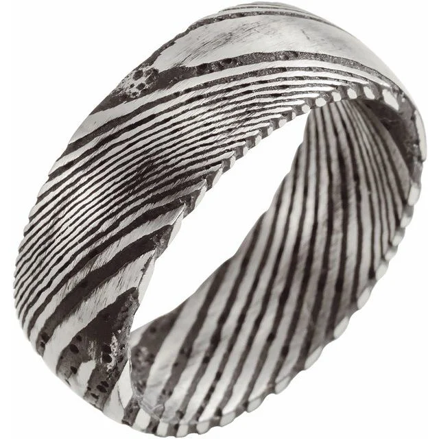 Classic Men’s Ring with Simple Diamond Accent-Damascus Steel 8 mm Patterned Band