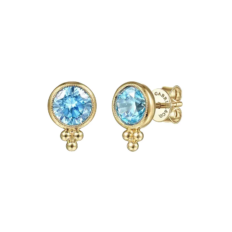 Minimalist Hoop Earrings for Casual Look-Gabriel 14K Yellow Gold Round Bezel London Blue Topaz Stud Earrings