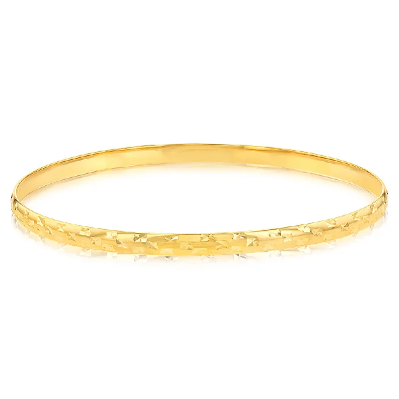 Customizable Bangle Set with Charm Details-9ct Yellow Gold Diamond Cut 3.8mm Bangle