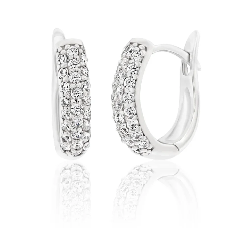 Elegant Dangle Earrings for Weddings-Sterling Silver Rhodium Plated Cubic Zirconia Pave Huggies Hoop Earrings