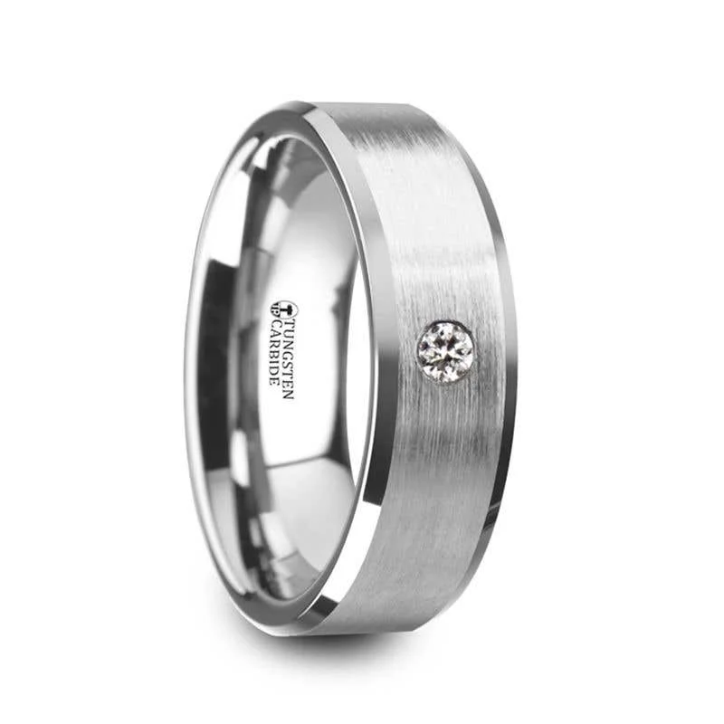 Personalized Family Ring with Multiple Birthstones-Thorsten PORTER Brushed Finish Tungsten Carbide Wedding Ring with White Diamond Setting and Beveled Edges- 6 mm & 8 mm