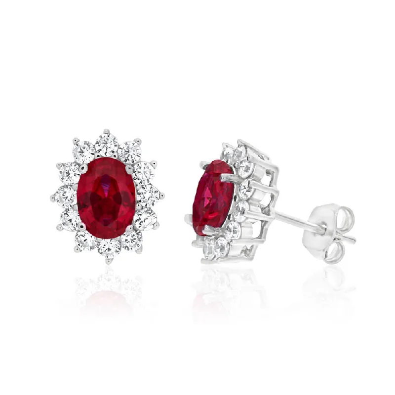 Gold Plated Earrings for Women-Sterling Silver Cubic Zirconia Red Cluster Halo Stud Earrings