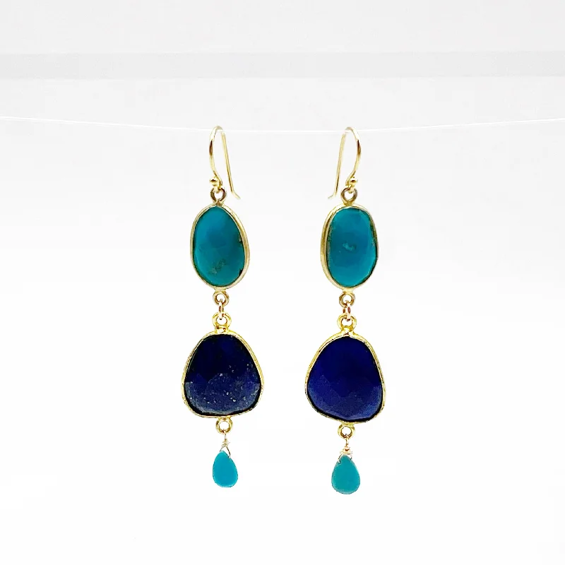 Large Gemstone Earrings for Evening Wear-Turquoise and Lapis Gold Vermeil Earrings