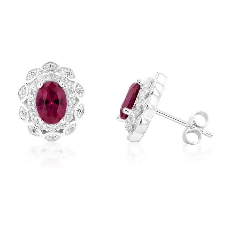 Unique Stud Earrings with Diamonds-Sterling Silver Created Ruby and Zirconia Oval Earrings