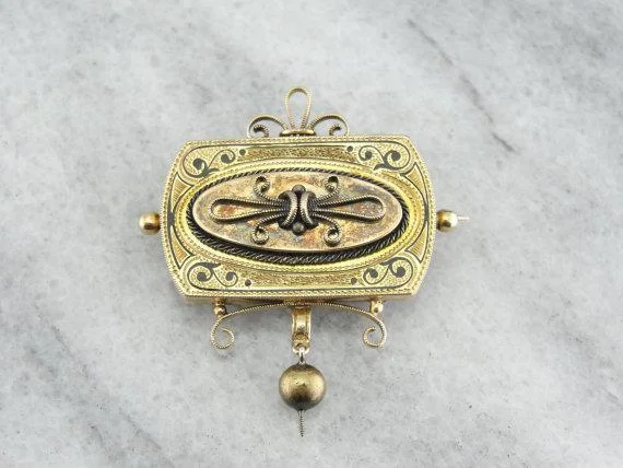 Designer Brooch For Evening Gowns-Victorian Black Enamel Gold Brooch