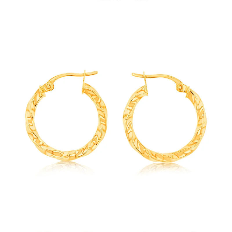 Handmade Silver Earrings-9ct Yellow Gold twist 15mm Hoops Earrings