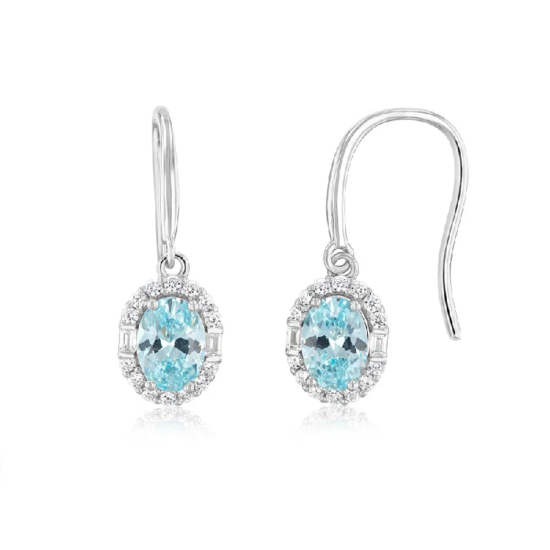 Silver and Pearl Drop Earrings-Sterling Silver Rhodium Plated White And Aquamarine Cubic Zirconia Oval Drop Earrings