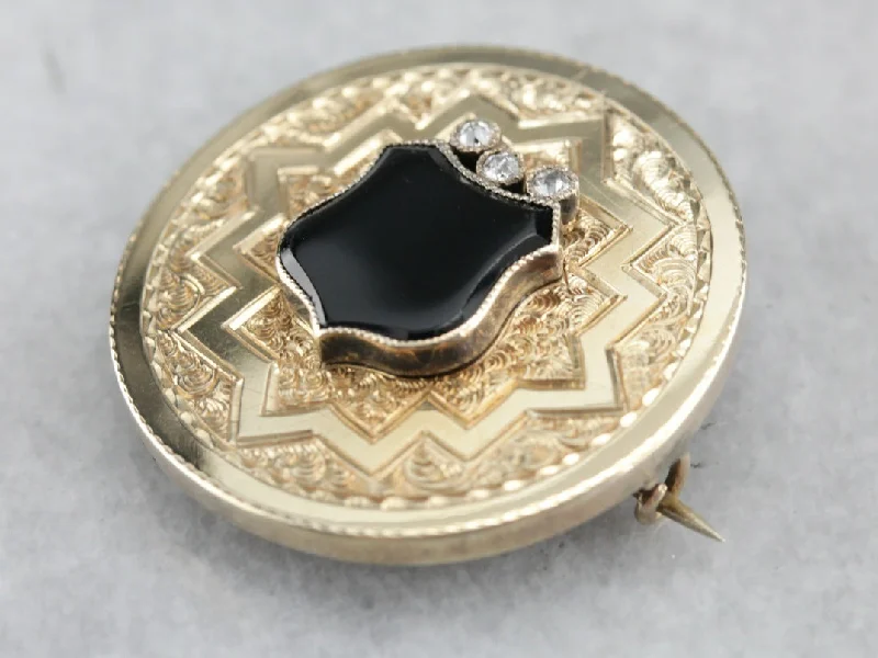 Brooch For Evening Jewelry-Onyx Diamond and Gold Victorian Pendant or Brooch