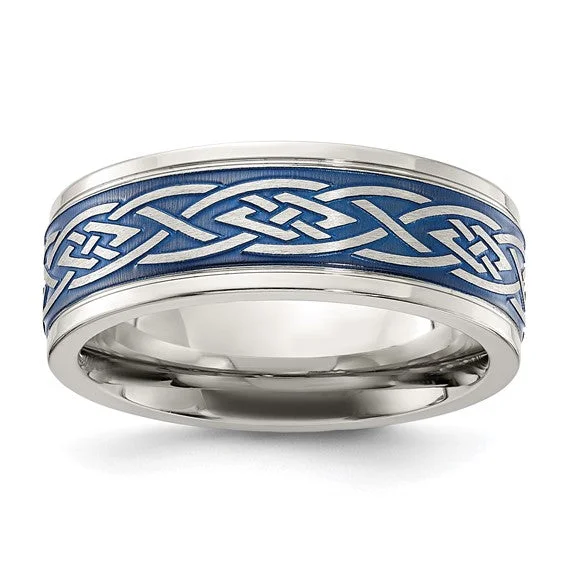 Unique Sapphire Ring for Engagement-Stainless Steel Polished Blue IP-plated Celtic Design 8mm Band