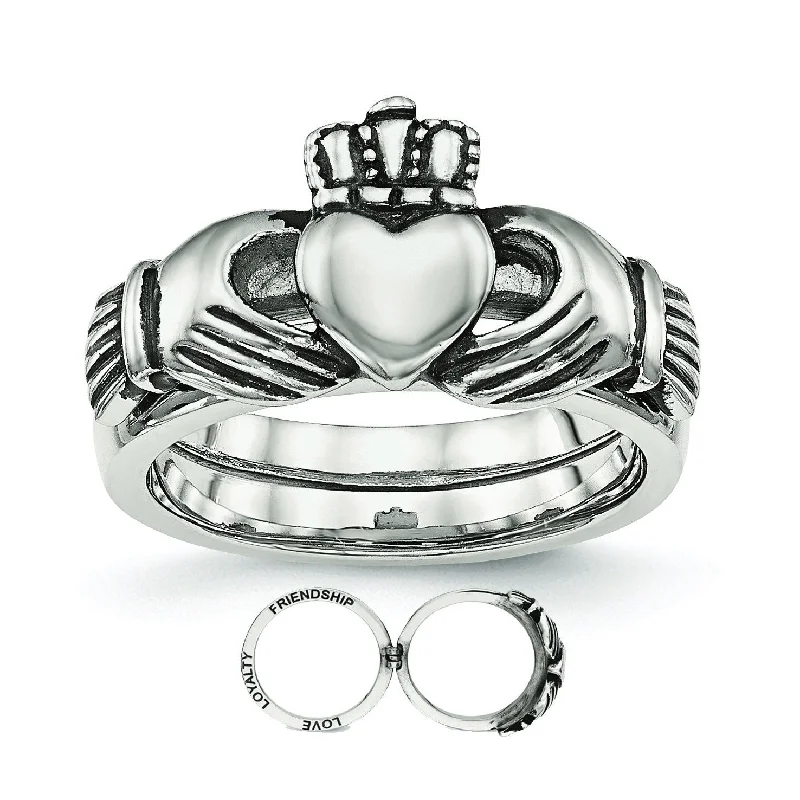 Classic Men’s Wedding Ring with Diamond Accents-Stainless Steel Love, Loyalty, Friendship Claddagh Double Hinged Ring