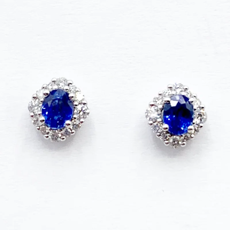 Personalized Gold Hoop Earrings-Deep Blue Sapphires in a Halo of Diamonds and Winter White Gold