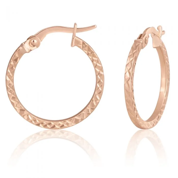 Elegant Long Earrings for Formal Wear-9ct Rose Gold Diamond Cut 15mm Hoop Earrings