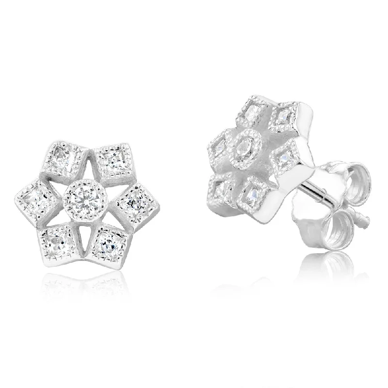 Elegant Swarovski Earrings-Sterling Silver Geometric Flower Cubic Zirconia Stud Earrings