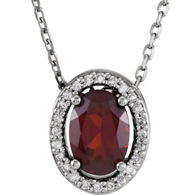 Designer Gemstone Necklace with Unique Cuts-14K White Gold Oval Mozambique Garnet & .05 CTW Diamond Halo 16" Necklace