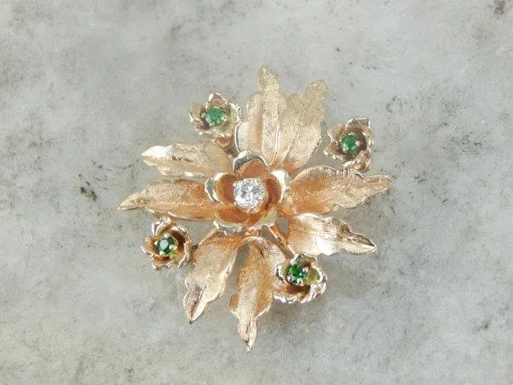 Retro Brooch With Colorful Stones-Mid-Century Diamond and Demantoid Garnet Flower Brooch