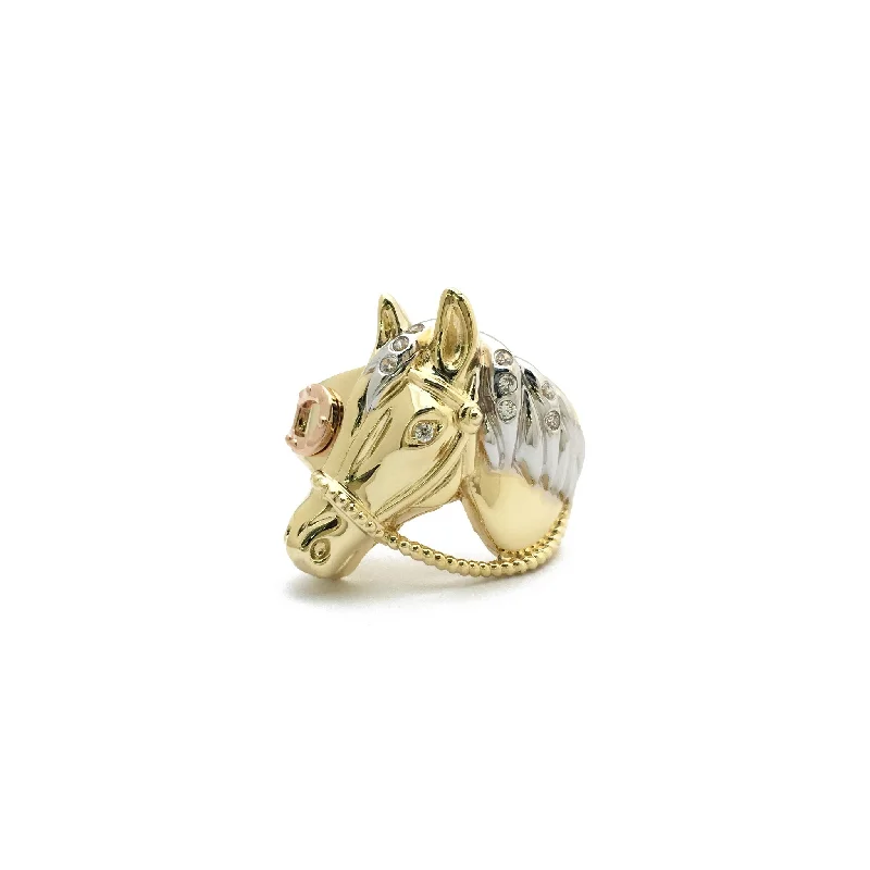 Designer Men’s Ring with Custom Family Crest-Race Horse Tri-Color Ring (14K)