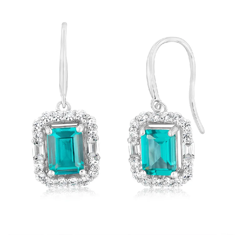 Silver Earrings with Turquoise Stones-Sterling Silver Rhodium Plated White And Emerald Green Cubic Zirconia Rectangular Drop Earrings