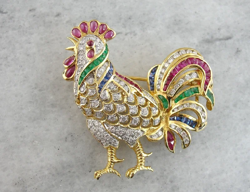 Classic Brooch With Bright Crystals-The Golden Rooster, Beautiful Ruby Diamond, Emerald and Sapphire Brooch with Handsome Chicken