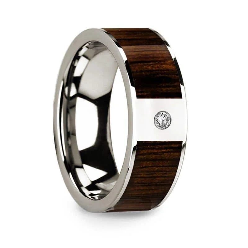 Personalized Couples’ Engagement Ring with Birthstones-Thorsten 14k White Gold & Black Walnut Inlay Wedding Ring with Diamond - 8mm