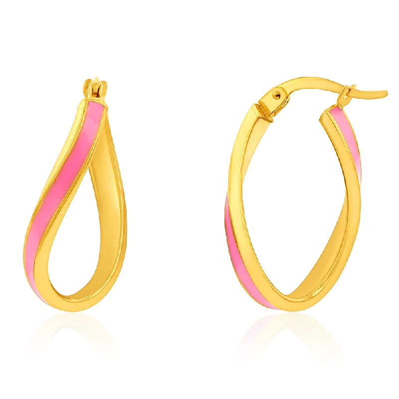 Personalized Silver Drop Earrings-9ct Yellow Gold Silverfilled Pink Enamel On Twisted Hoop Earrings