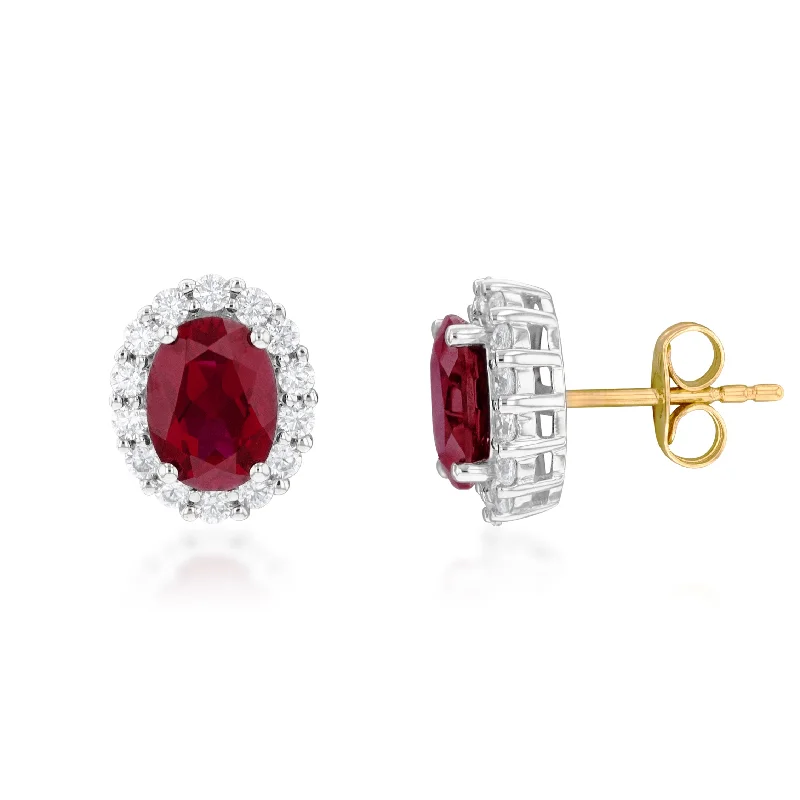 Large Gemstone Earrings for Brides-9ct Yellow Gold Created Ruby Oval + Cubic Zirconia Halo Stud Earrings