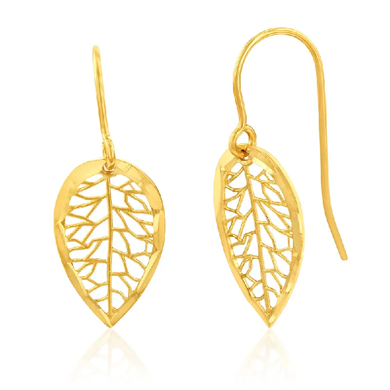 Elegant Earrings with Gemstones-9ct Yellow Gold Diamond Cut Leaf Drop Hook Earrings