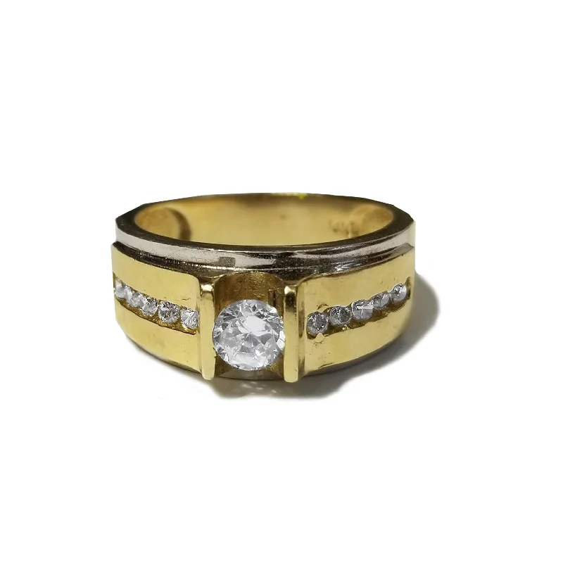 Classic Engagement Ring with Princess Cut Sapphire-9 CZ Crystals Two-Toned Gold Ring (14K)