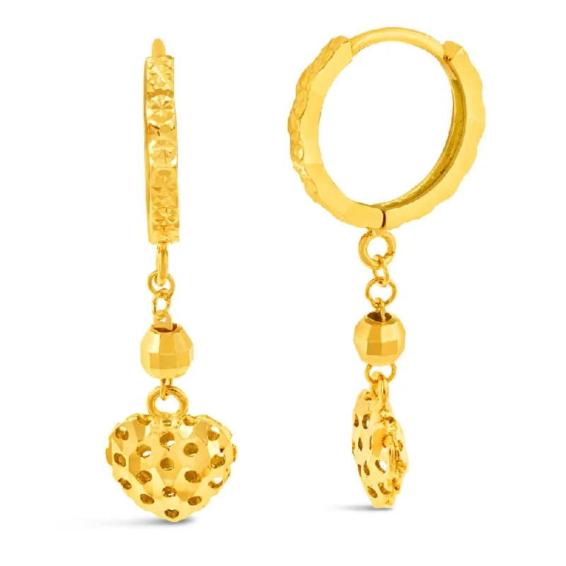 Fancy Wedding Earrings-9ct Yellow Gold Heart Charm On Hoop Earrings