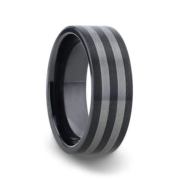 Designer Wedding Ring with Custom Engraving-Thorsten BETA Ceramic ring with Tungsten Inlay With Flat Brushed Edges - 8mm