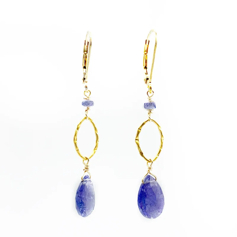 Custom Pearl Earrings for Brides-Tanzanite Drops on Gold Vermeil Hammered Oval On 14K Gold Filled Wire Earrings