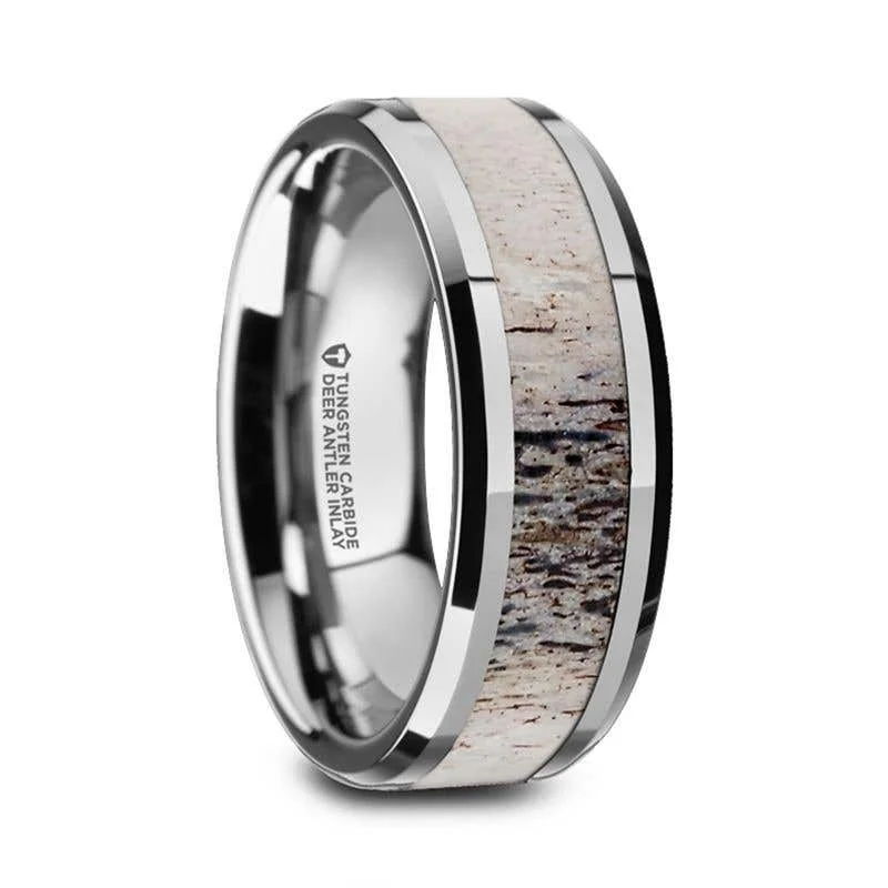 Classic Men’s Ring with Simple Ruby Inlay-Thorsten BUCK Tungsten Wedding Band with Ombre Deer Antler Inlay - 6mm & 8mm