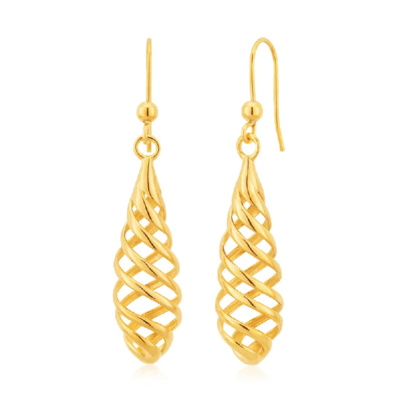 Luxury Diamond Hoop Earrings-9ct Yellow Gold Spiral 4.5cm Drop Earrings