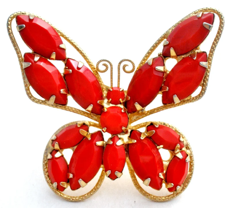 Designer Brooch For Winter Coats-Juliana Red Rhinestone Butterfly Brooch Pin Vintage