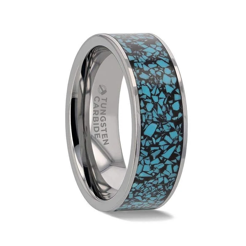 Elegant Engagement Ring with Halo Sapphire and Diamond-Thorsten TURKUAZ Crushed Turquoise Inlay Tungsten Men's Wedding Band With Flat Polished Edges - 8mm