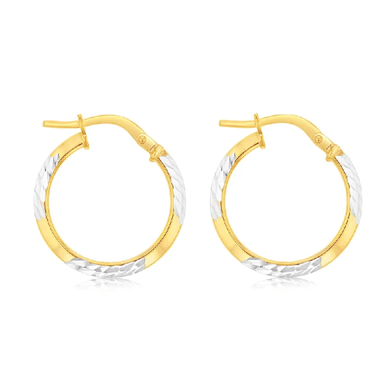 Silver Earrings with Gemstone Inlays-Silverfilled 9ct Yellow Gold 15mm Hoop Earrings With Diamond Cut Details