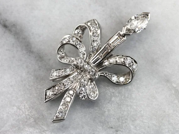 Vintage Brooch For Dresses-Sweeping Retro Era Platinum and Diamond Brooch