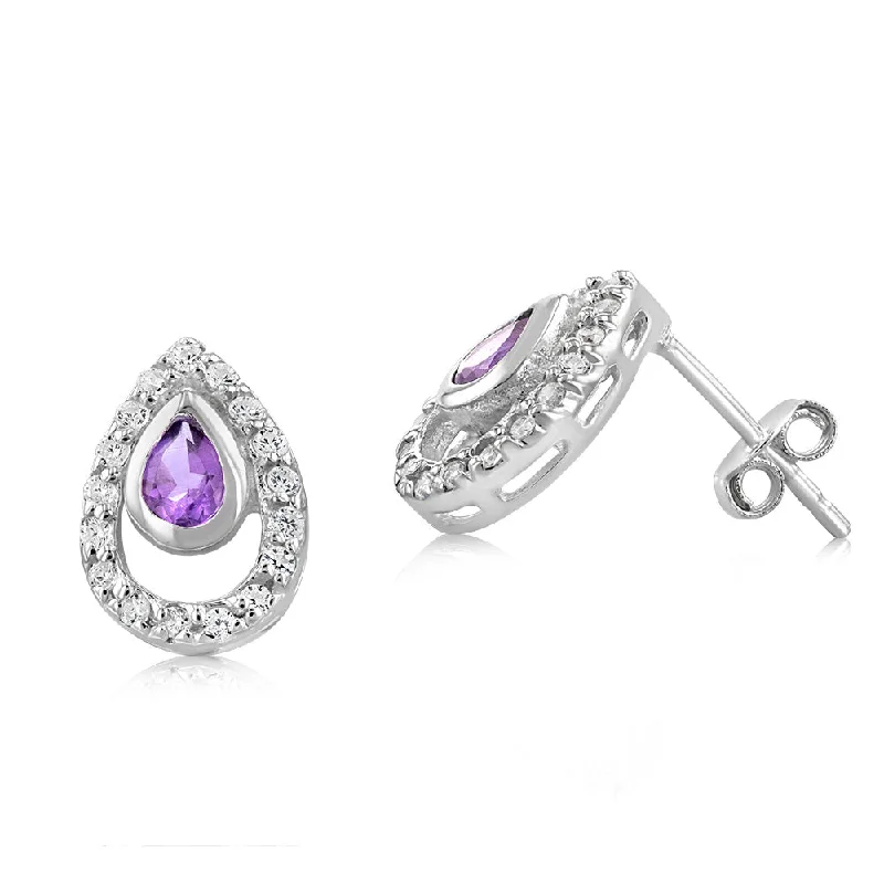 Handmade Earrings with Gemstones-Sterling Silver Amethyst And Cubic Zirconia Pear Shaped Earrings