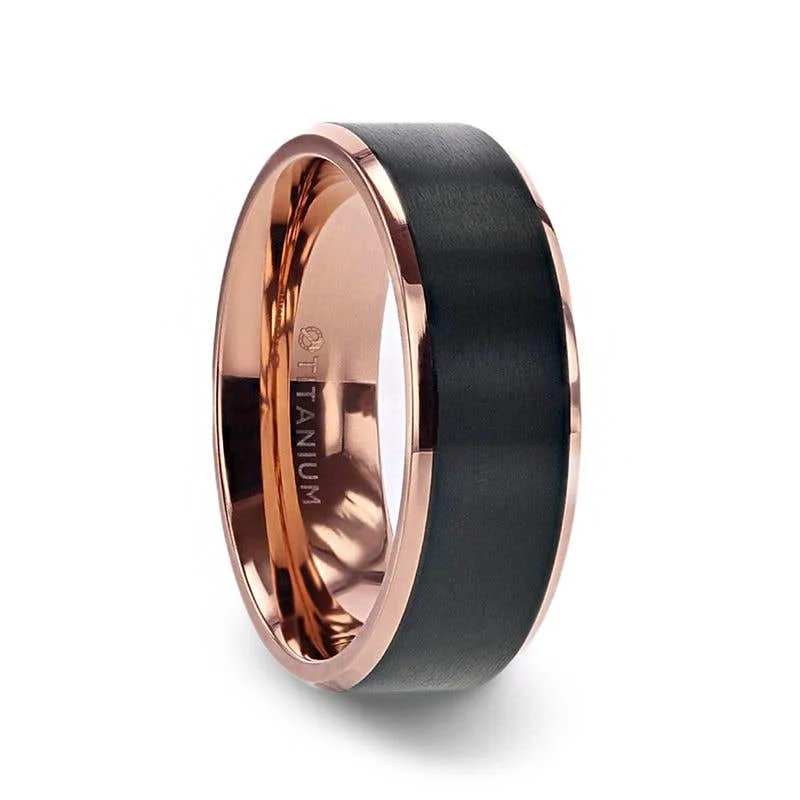 Unique Gold Ring with Emerald Accent for Special Gifts-Thorsten STEPHEN Rose Gold Plated Black Titanium Flat Brushed Center Wedding Ring With Beveled Polished Edges - 6mm & 8mm