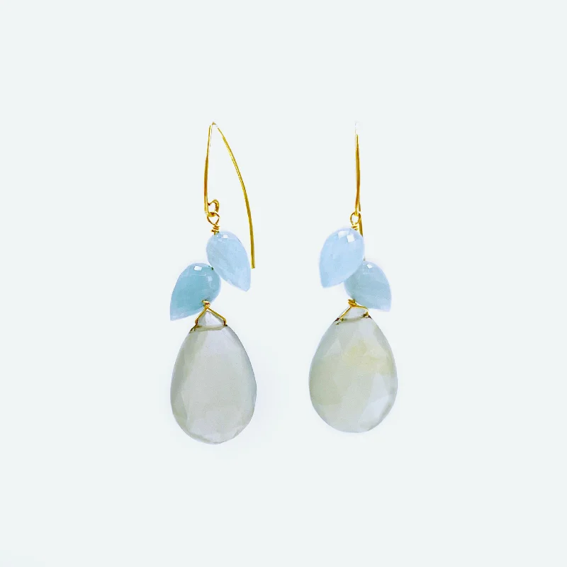 Simple Dangle Earrings for Work-Moonstone And Aquamarine Droplets