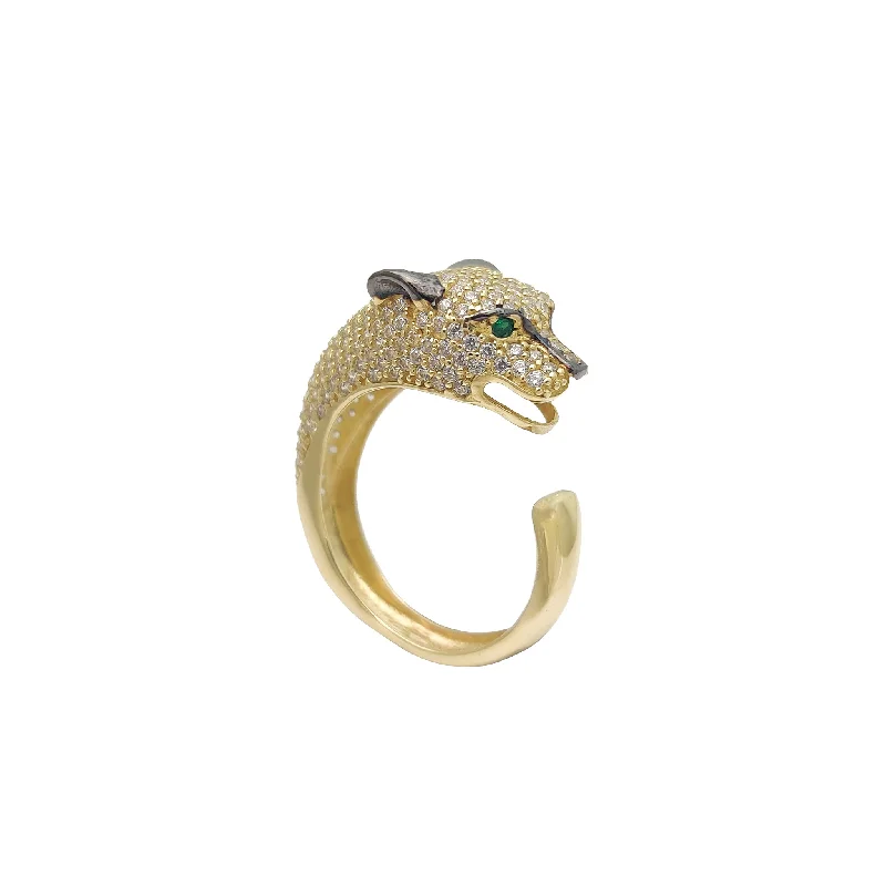 Customizable Engagement Ring with Oval Sapphire-Iced-Out Panther Head Band (14K)