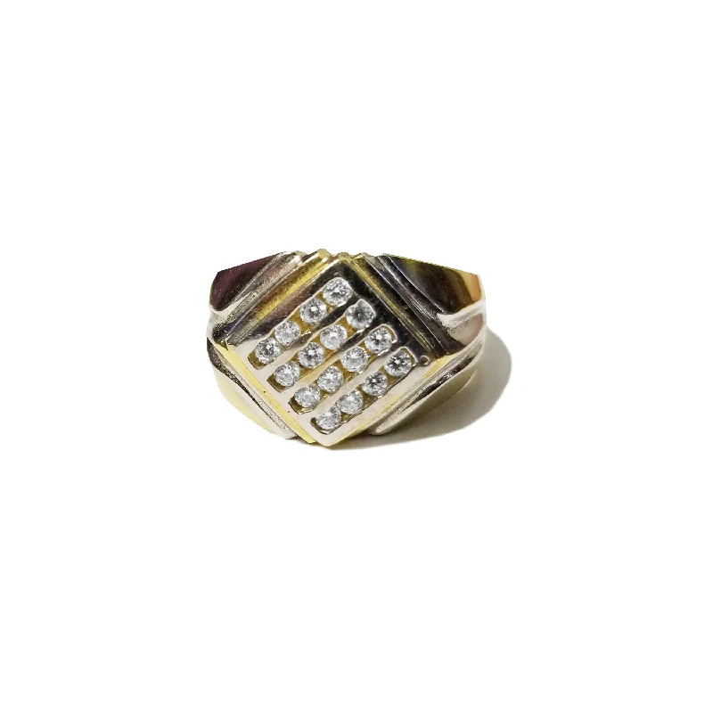 Personalized Custom Gold Ring with Family Name-Diagonal CZ Crystals Two-Toned Gold Ring (14K)