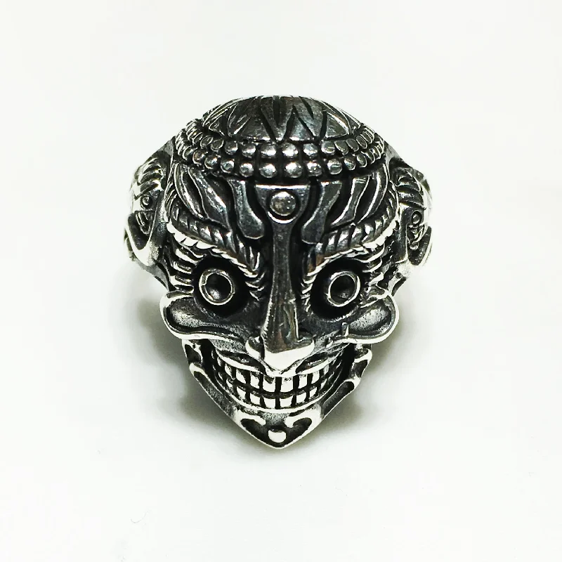 Personalized Ring with Sapphire and Diamonds for Weddings-Antique-Finish Samurai Mask Ring (Silver)