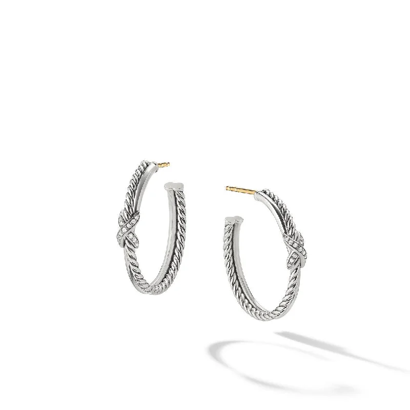 Trendy Long Drop Earrings-Pre-owned David Yurman Petite X Hoop Earrings with Pave Diamonds