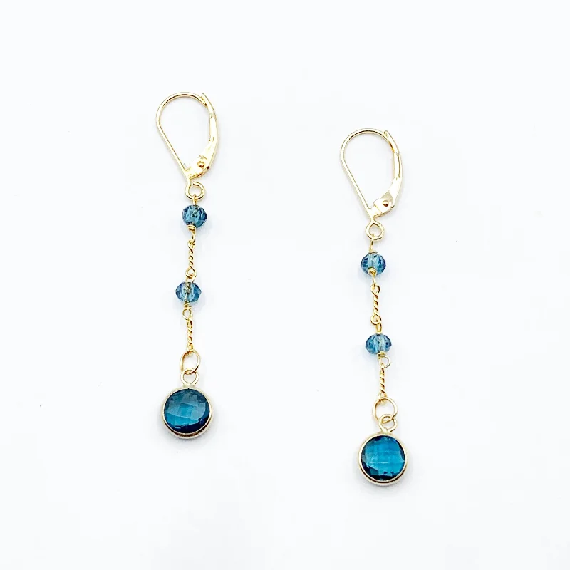 Large Gold Stud Earrings-Electric Blue Topaz Floating on a Golden Chain